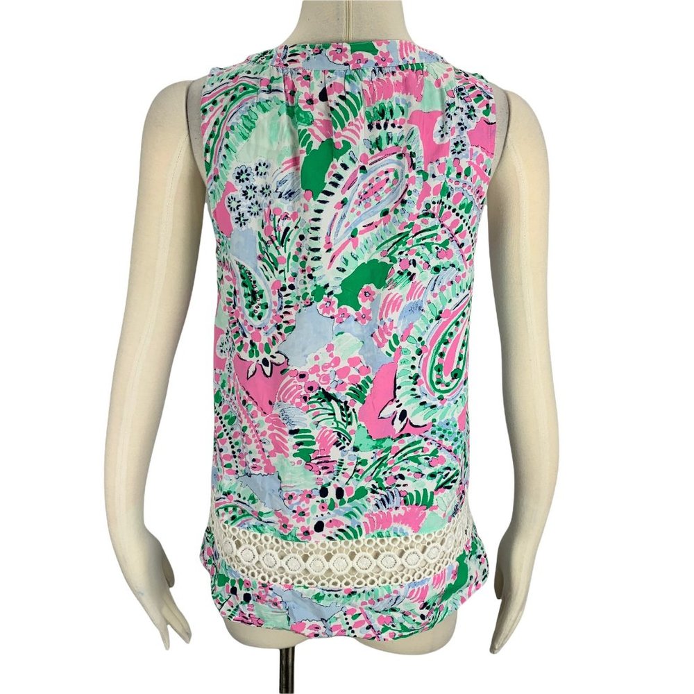 Crown & Ivy PS Top NWT Petite Small Pink Green Pom Crochet Icon Peasant Sleevele - Picture 3 of 7